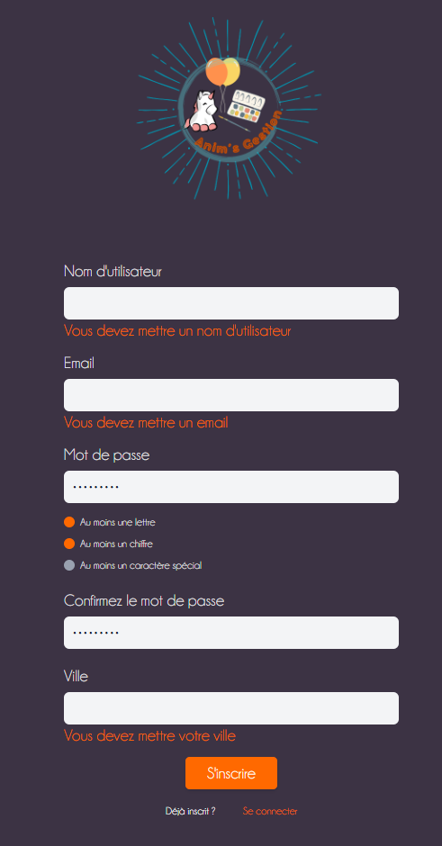 Page du site : s'inscrire'